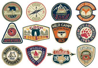 Cute vector collection of mountain camp and wildlife adventure badges for children wear print or embroidery - obrazy, fototapety, plakaty