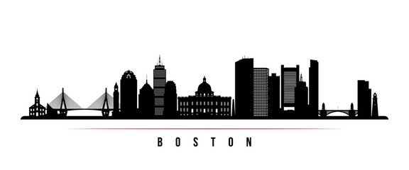 Boston city skyline horizontal banner. Black and white silhouette of Boston city, USA. Vector template for your design.