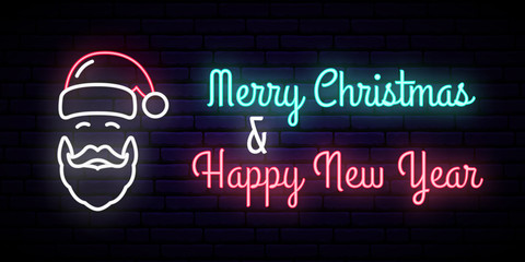 Neon sign with the image of Santa Claus and the inscription: Merry Christmas & Happy New Year. Vector illustration.