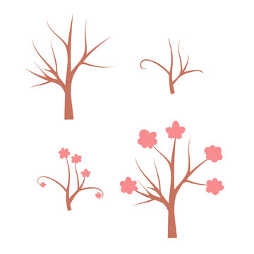 Spring tree set. Set of bare tree, blooming tree, branches isolated on white background. Vector illustration.
