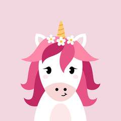 Obraz na płótnie Canvas Unicorn vector head on pink background. Head portrait horse sticker, patch badge. Cute magic cartoon fantasy animal.
