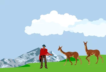 Fotobehang South America, lama and alpaca animals and man in national dress, vector landscape, vector illustration © Massaget
