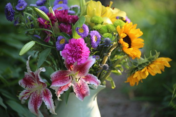 Beautiful Bouquet of Summer Flowers: Sunflowers and Lilies