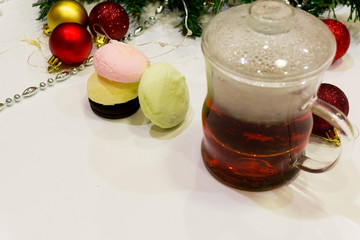 tea marshmallows cookies new year garland lights christmas tree