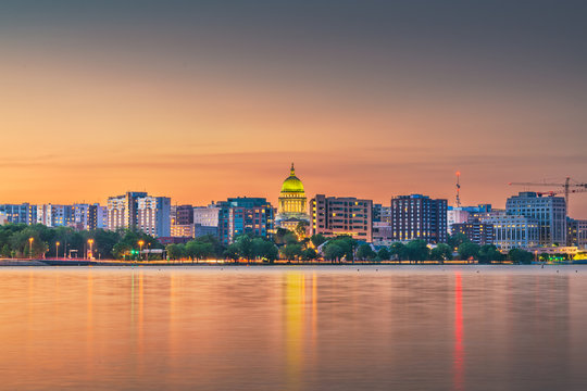 Madison, Wisconsin, USA Downtown Skyline At Lake Monona.