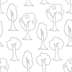 Seamless forest doodle pattern. Hand drawn sketch of trees on white background. Vector illustration.