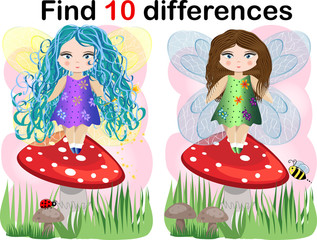 Find differences education game for children, fairy in the nature