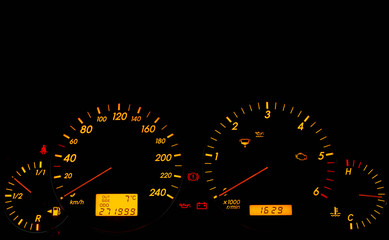 Japanese car dashboard with icons   on black background, space for text.