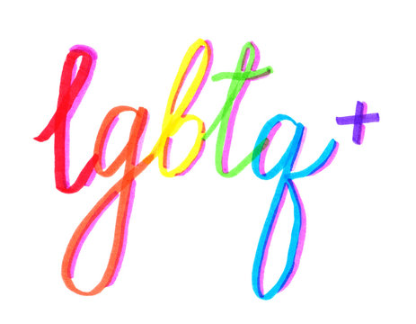 Rainbow colored "LGBTQ" painted in highlighter felt tip pen on clean white background