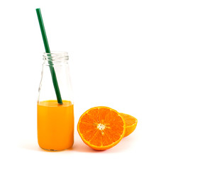 Isolated orange juice in the glass jar on white background