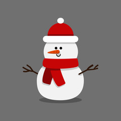 Snowman vector illustration with red hat and scarf, cartoon character in flat style