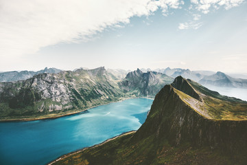 Norway landscape mountains and fjord aerial view Travel summer vacations scenic Senja islands