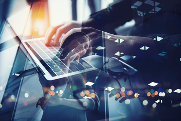 Business man works in office with laptop. Concept of internet network. double exposure