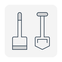 Hoe or spade and shovel vector icon. Equipment hand tool for agriculture at garden, farm, yard, backyard. Include wooden handle, steel for dig, scoop of soil, snow, ground, earth, plant and weeding.