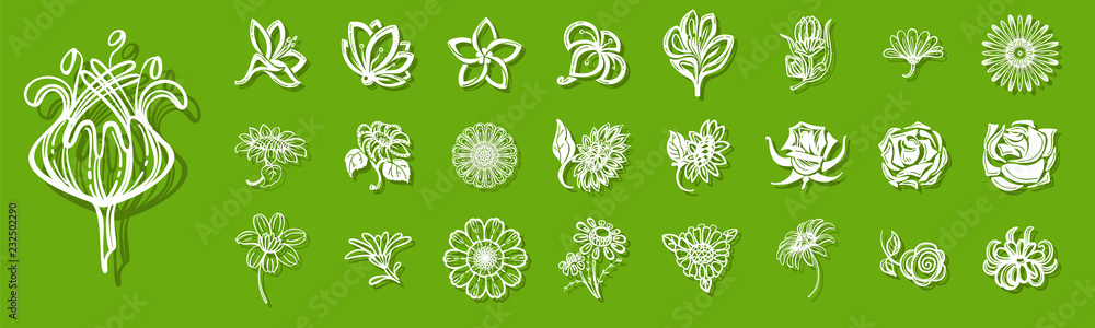 Poster new flower icon set. simple set of flower vector icons for web design on green background for any de