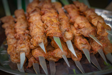 Fresh kebabs on skewers, selective focus, background with vignette. Grill on charcoal and flame, picnic, street food