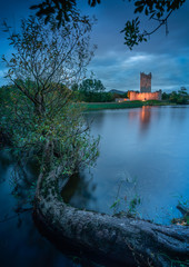 Burg am See beleuchtet in der Abenddämmerung mit Baumstamm im Vordergrund 