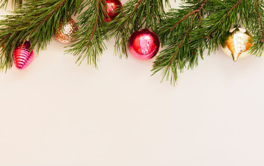 Christmas and New Year composition with decoration on white wooden background with copy space for your text