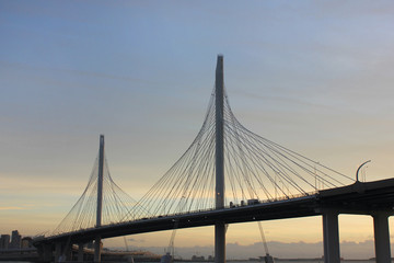 Western Rapid Diameter Highway and Cable-Stayed Bridge Over Neva River in Saint Petersburg, Russia. Newly Built Modern City Western High Speed Diameter (WHSD) Toll Motorway View with Empty Sky