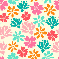Seamless pattern with colorful hand drawn flowers, succulent. Floral ornament background. Vector illustration.