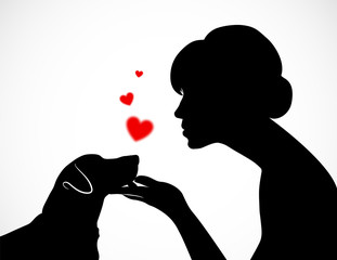 Silhouette of a young female holding cute dog's Jack Russell Terrier muzzle on her palm. Friendship of a person and a pet. Conceptual vector illustration on white background with red hearts.