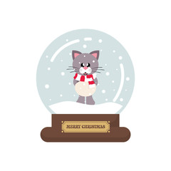 cartoon cute christmas snowglobe with winter cat with scarf