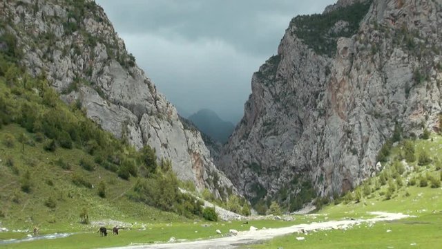 Murdash Village Alay Valley Kyrgyzstan Osh Region. A View of Alay Valley, Trans-alay Range, and Kyzyl-suu (West) River. Alay Mountains. Murdash Village Is 100 Km From Osh City. 