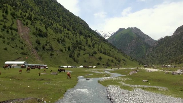 Murdash Village Alay Valley Kyrgyzstan Osh Region. A View of Alay Valley, Trans-alay Range, and Kyzyl-suu (West) River. Alay Mountains. Murdash Village Is 100 Km From Osh City. 