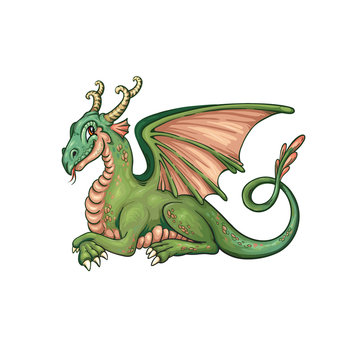 Smiling cartoon green dragon in vector with wings and long tail