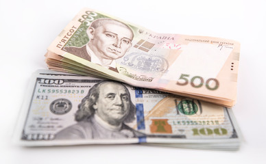 Money background, Ukrainian hryvnia and American dollar currency rate concept