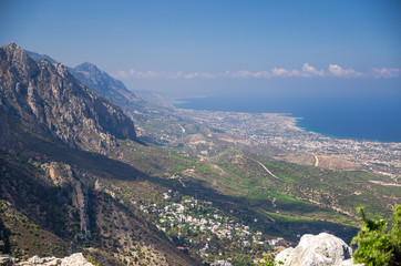 Kyrenia Girne mountains and town from medieval castle, Northern Cyprus