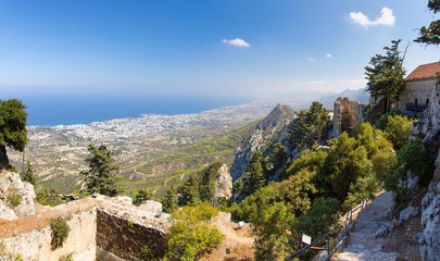 Fototapeta na wymiar Kyrenia Girne mountains and town from medieval castle, Northern Cyprus