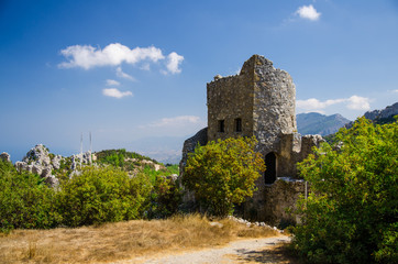 Fototapeta na wymiar Kyrenia Girne mountains and town from medieval castle, Northern Cyprus
