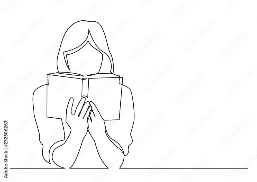 Wall mural continuous line drawing of woman focused on reading interesting book - Wall murals