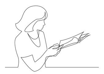 continuous line drawing of woman reading printed magazine