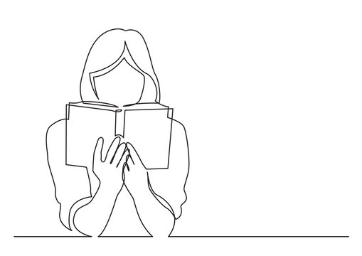 continuous line drawing of woman focused on reading interesting book
