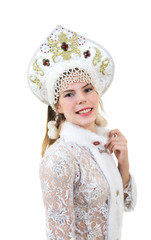 Beautiful,Beautiful, happy woman with long hair, dressed as Santa Claus smiling. Christmas - New Year carnival.