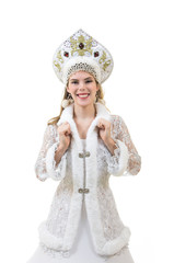 Beautiful,Beautiful, happy woman with long hair, dressed as Santa Claus smiling. Christmas - New Year carnival.