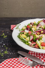 Fresh salad with mixed greens, radish, cheese and tomato in a plate on wooden background. Italian Mediterranean or Greek cuisine. Vegetarian vegan food