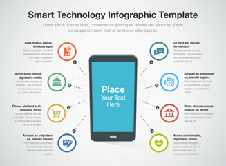 Infographic for smart technology template with smart phone as main symbol, colorful circles and icons. Easy to use for your website or presentation. - obrazy, fototapety, plakaty
