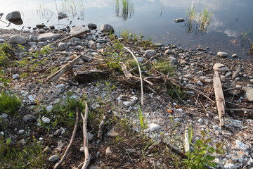 Polystyrene, styrofoam garbage on the shore.