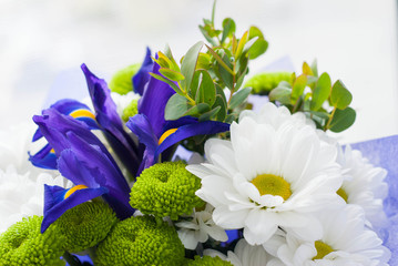 bouquet of blue flowers in glass vase isolated on white