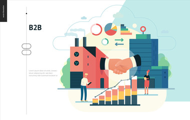 Business series, color 1 - b2b. business to business - modern flat vector illustration concept of b2b - a factory and a corporate buildings shaking their hands. Creative landing page design template