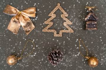 Obraz na płótnie Canvas Golden Christmas tree decorations. Ball, bump, fir, bow.