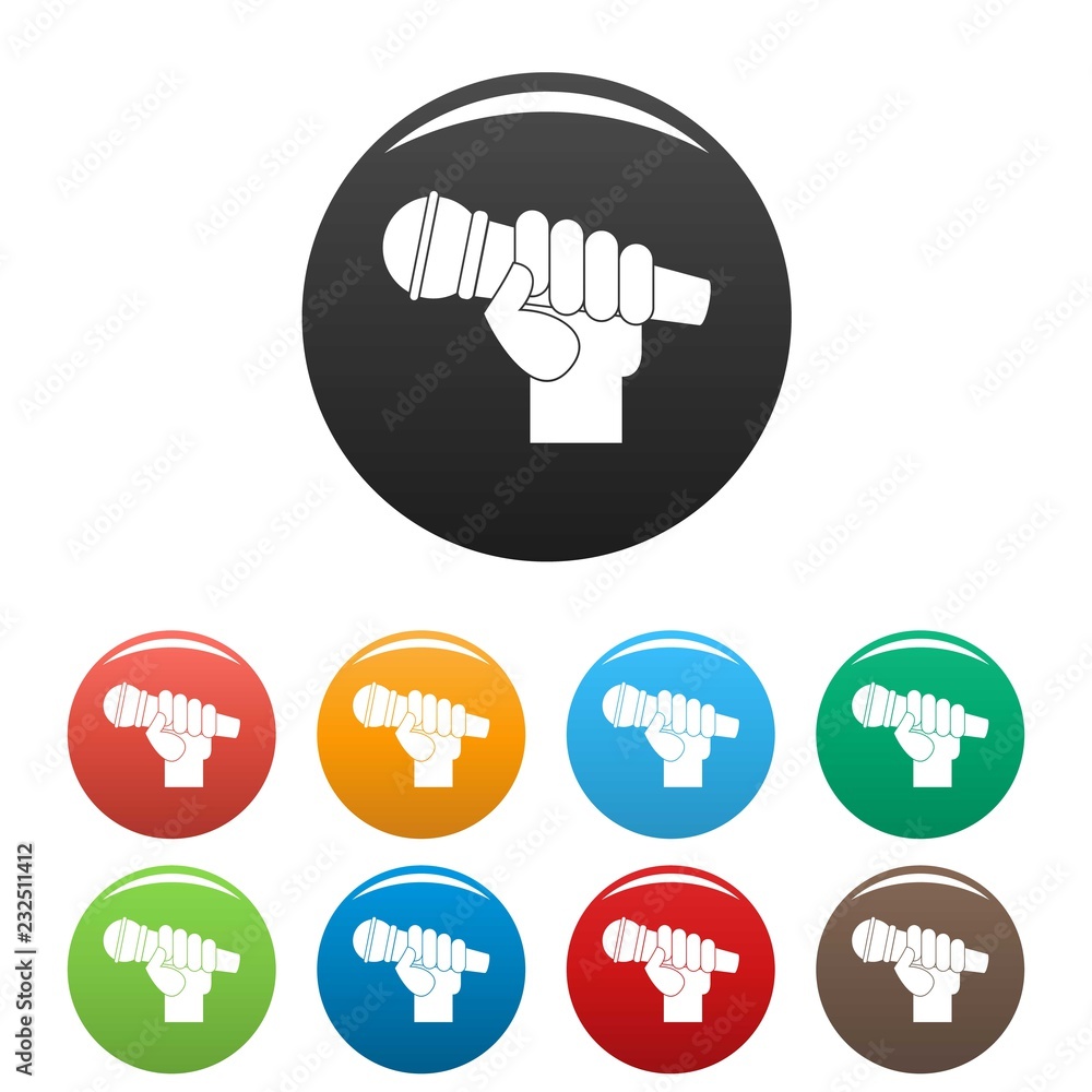 Poster microphone hand icons set 9 color vector isolated on white for any design