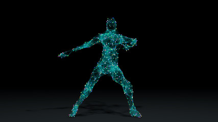 Human dancing in wireframe drawing with data