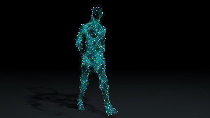 Man walking in wireframe drawing with data