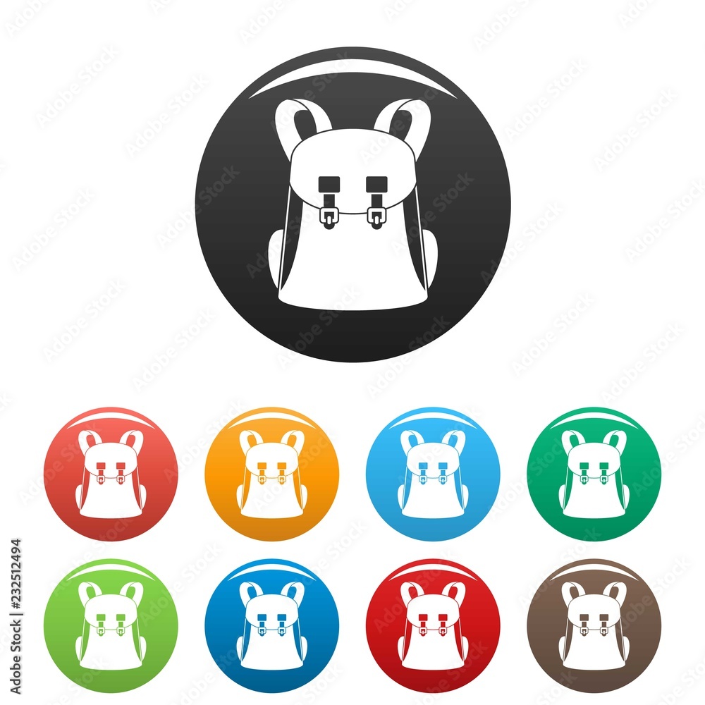 Poster universal backpack icons set 9 color vector isolated on white for any design