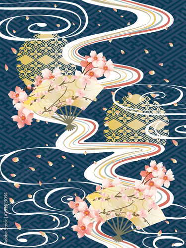 和柄と波と桜の背景素材 Wall Mural Wallpaper Murals Risings