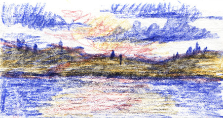 Fototapeta na wymiar Rising sun on the lake, landscape. Hand-drawn color pencil illustration. Sketch in the open air.